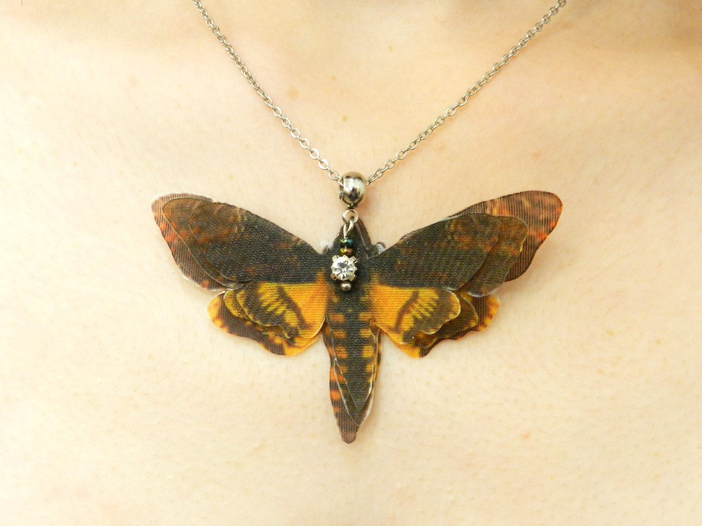 Silk death head moth pendant necklace