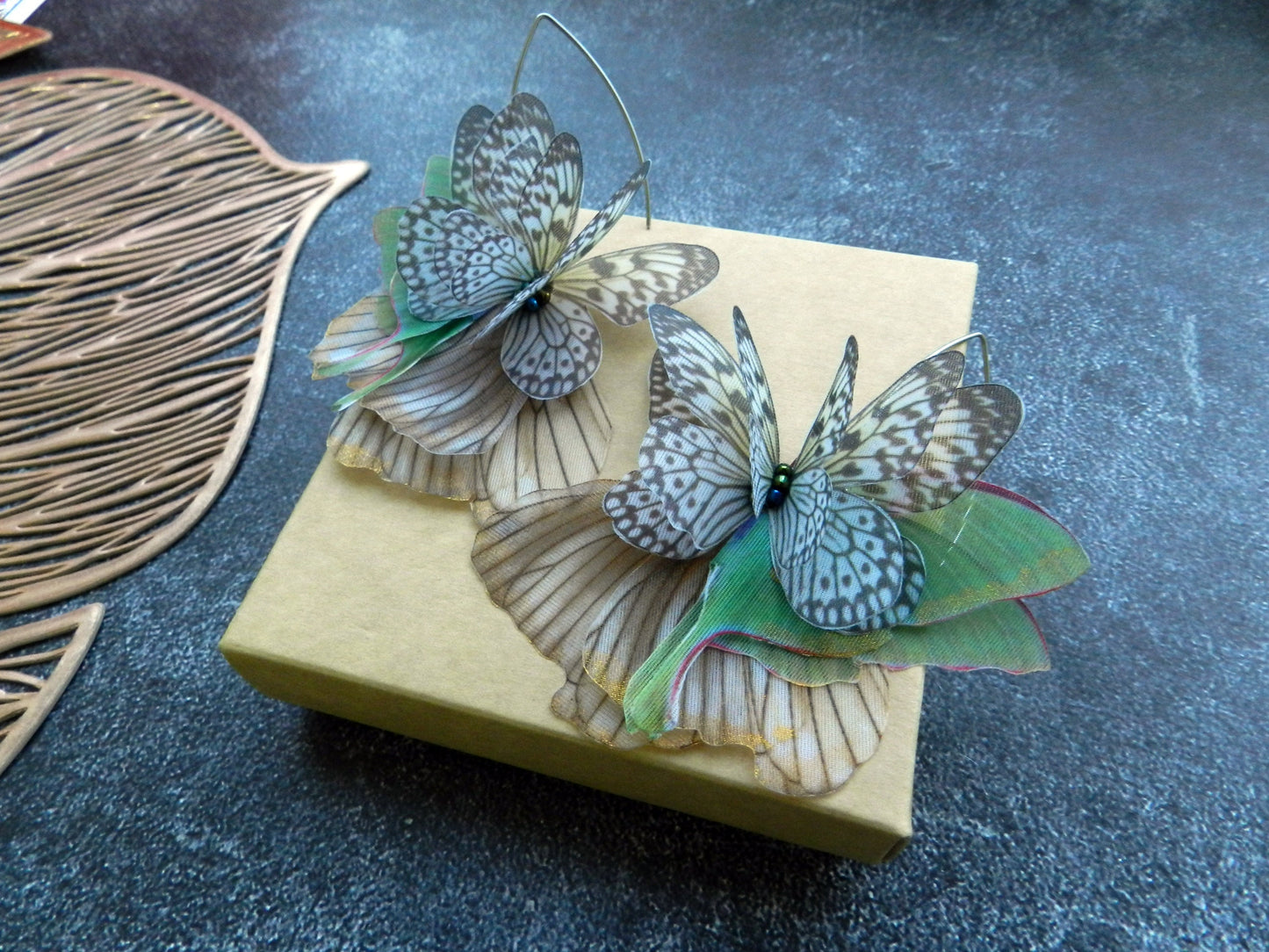 Silk green luna moth butterfly wings drop earrings