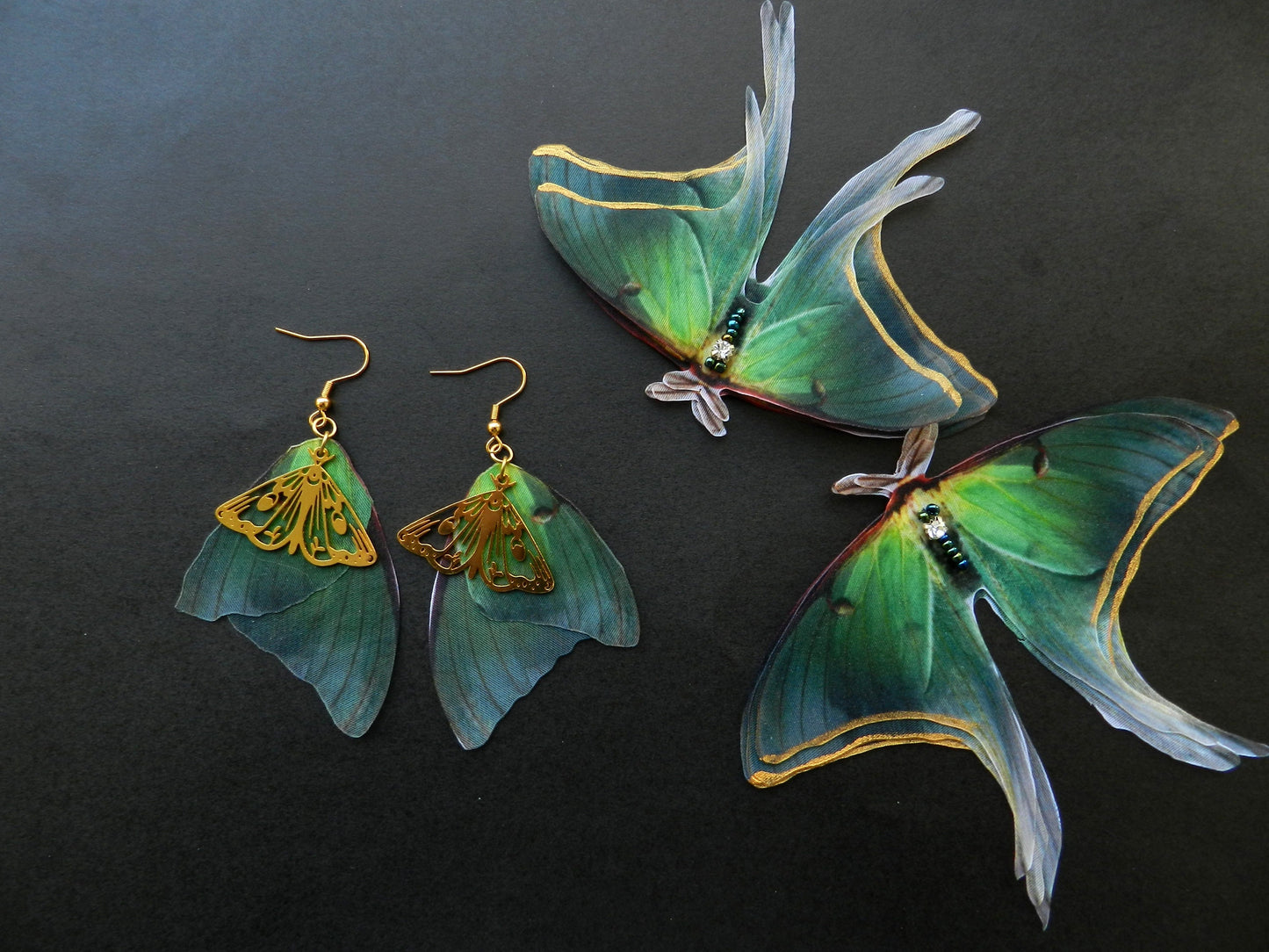 Luna moth silk butterfly wings drop and dangle earrings