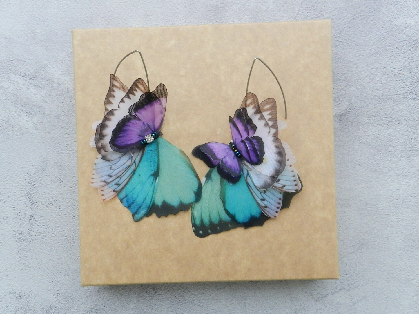 Silk blue butterflies drop earrings layering wings