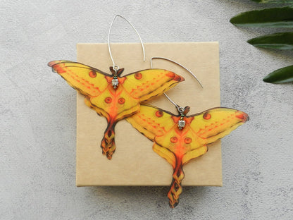 Bright Yellow Silk Comet Moth Drop Earrings