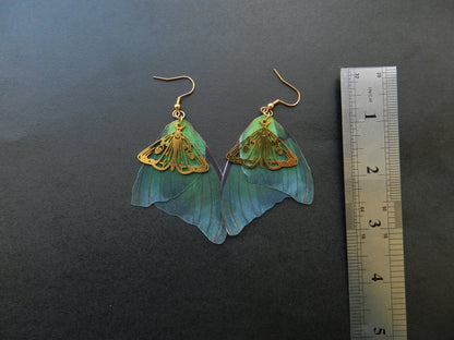 Luna moth silk butterfly wings drop and dangle earrings