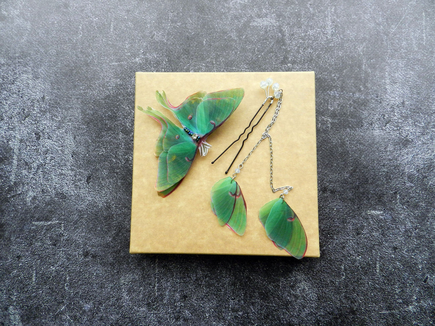 Silk luna moth hair clips and hair pins wings pendant set