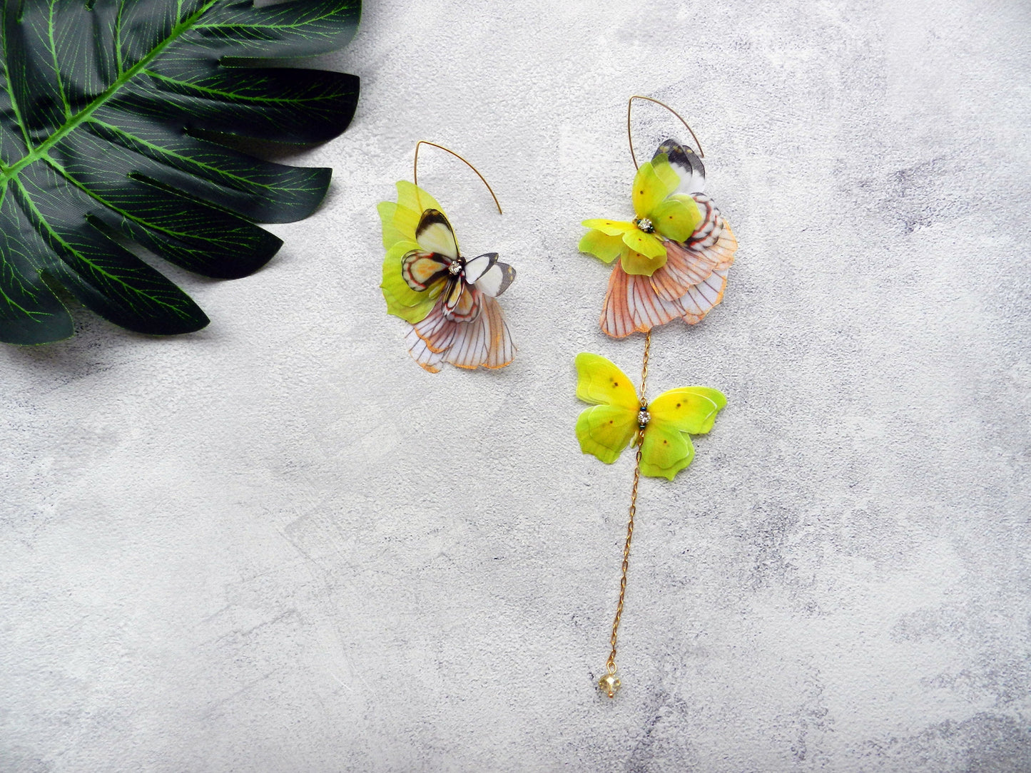 Yellow Silk Butterflies Mismatched Drop Earrings