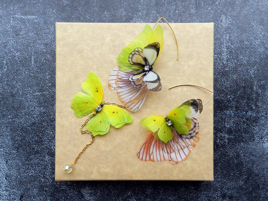 Yellow Silk Butterflies Mismatched Drop Earrings