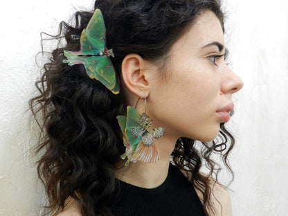 Silk green luna moth butterfly wings drop earrings