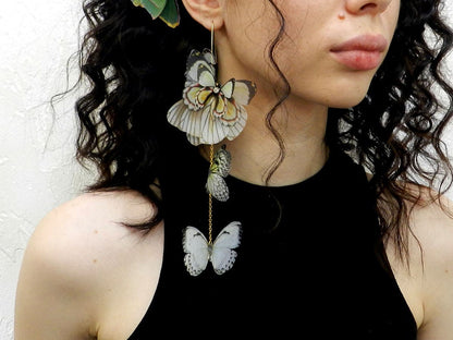 Silk butterflies extra long drop earrings