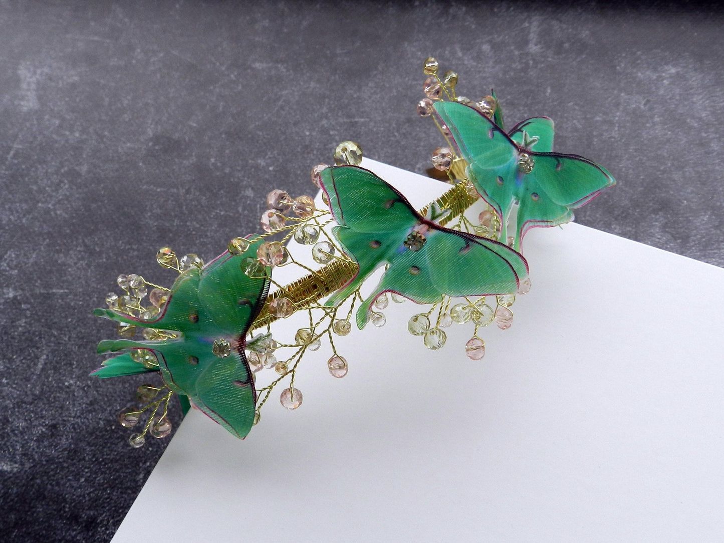 Luna moth crystals and gold wire headband