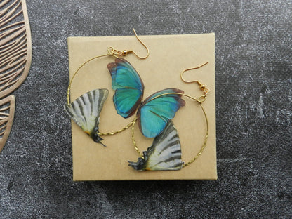 Silk blue butterflies hoop earrings