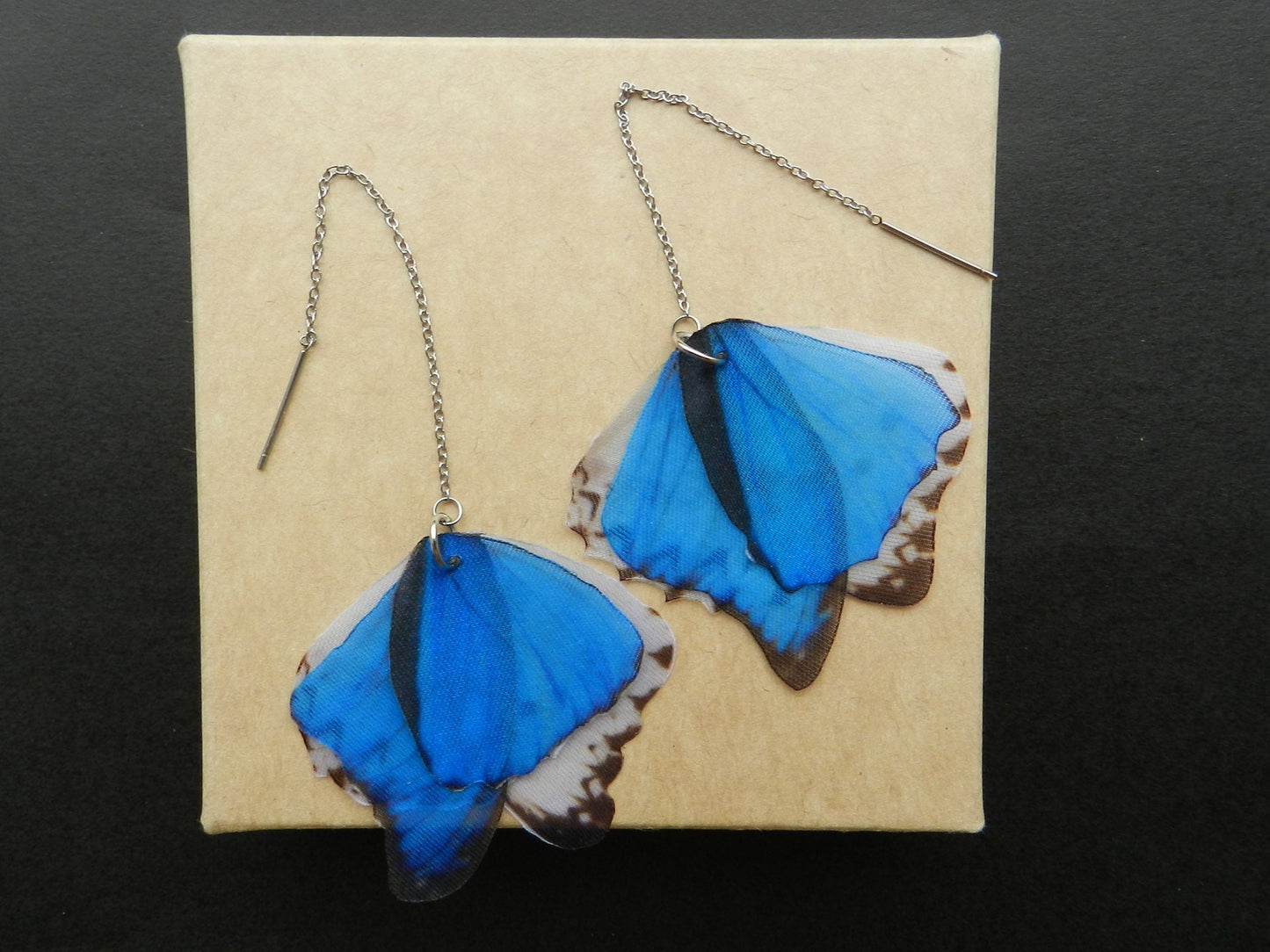 Silk blue butterfly wings long chain earrings