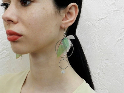 Luna moth mismatched drop long earrings