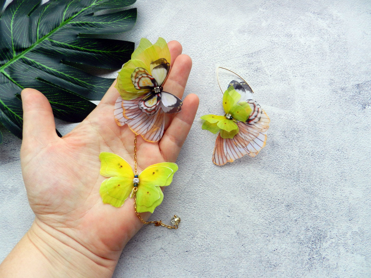 Mismatched long earrings silk butterfly