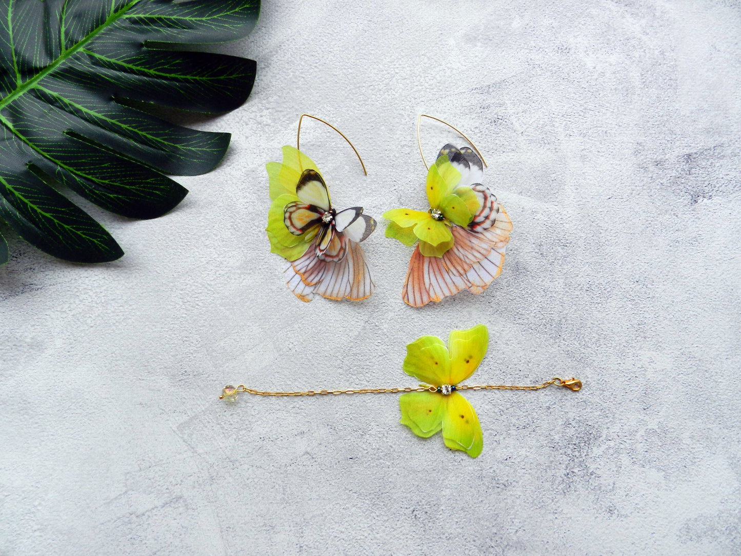 Mismatched long earrings silk butterfly