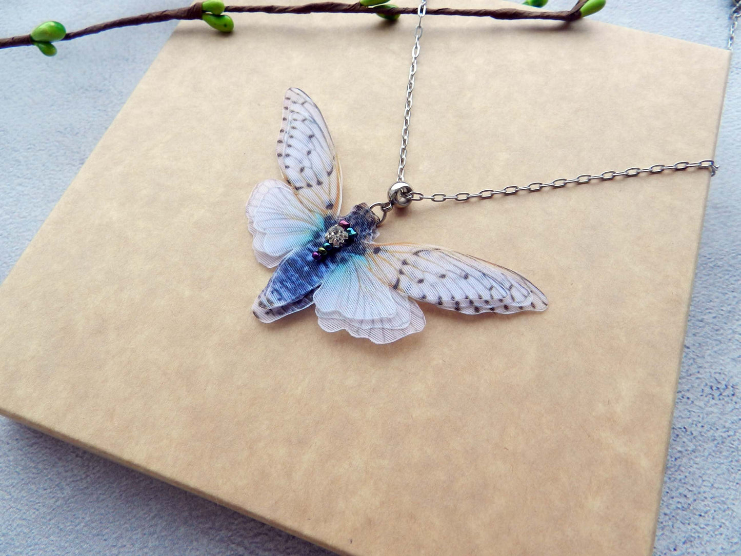 Silk cicada pendant necklace