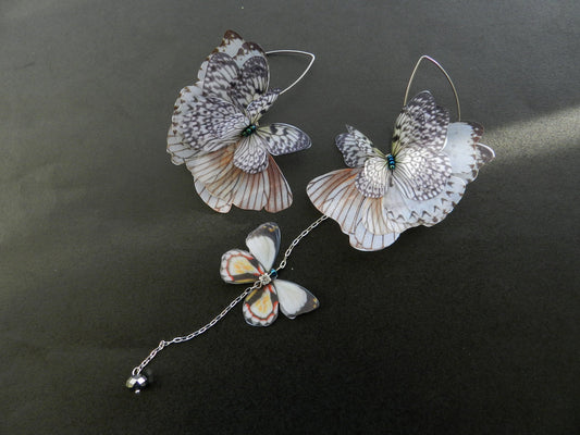 Mismatched long earrings silk butterfly