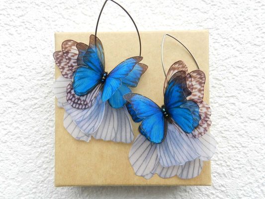 Silk blue butterflies drop earrings layering wings