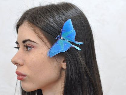 Silk blue luna moth hair clips with 3d layered wings