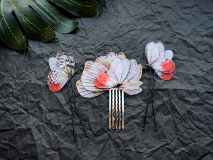 Silk luna moth butterflies hair pins and comb set of 3 pcs