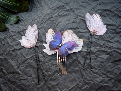 Silk luna moth butterflies hair pins and comb set of 3 pcs