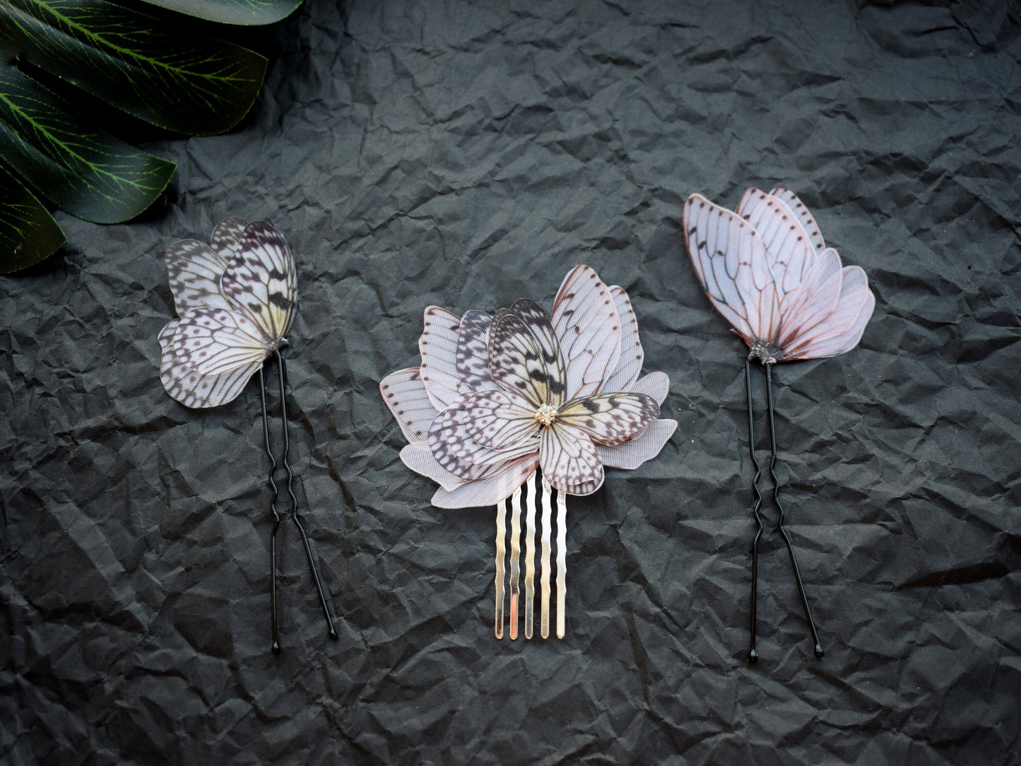 Silk luna moth butterflies hair pins and comb set of 3 pcs