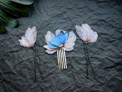 Silk luna moth butterflies hair pins and comb set of 3 pcs