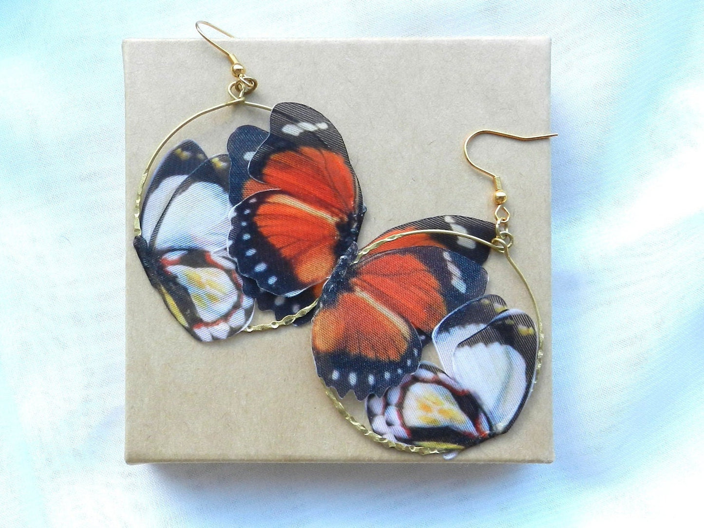 Red silk butterflies hoop earrings