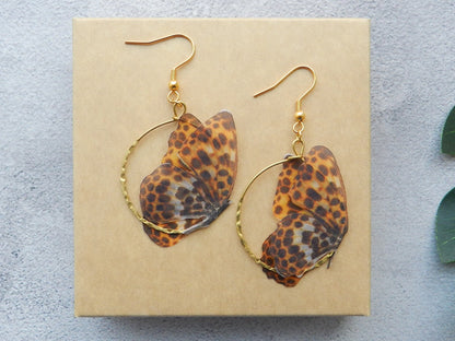 Silk leopard butterflies hoop earrings