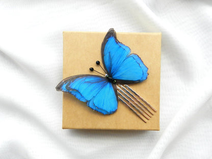 Morpho blue silk butterfly hair clips, pins or brooch