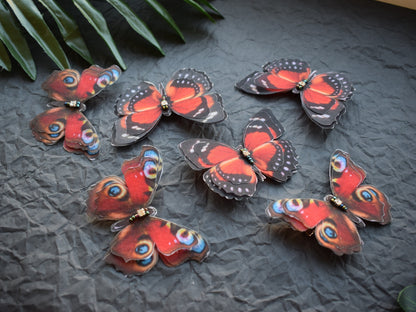 Peacock eye and Orange Forester silk butterflies hair clips