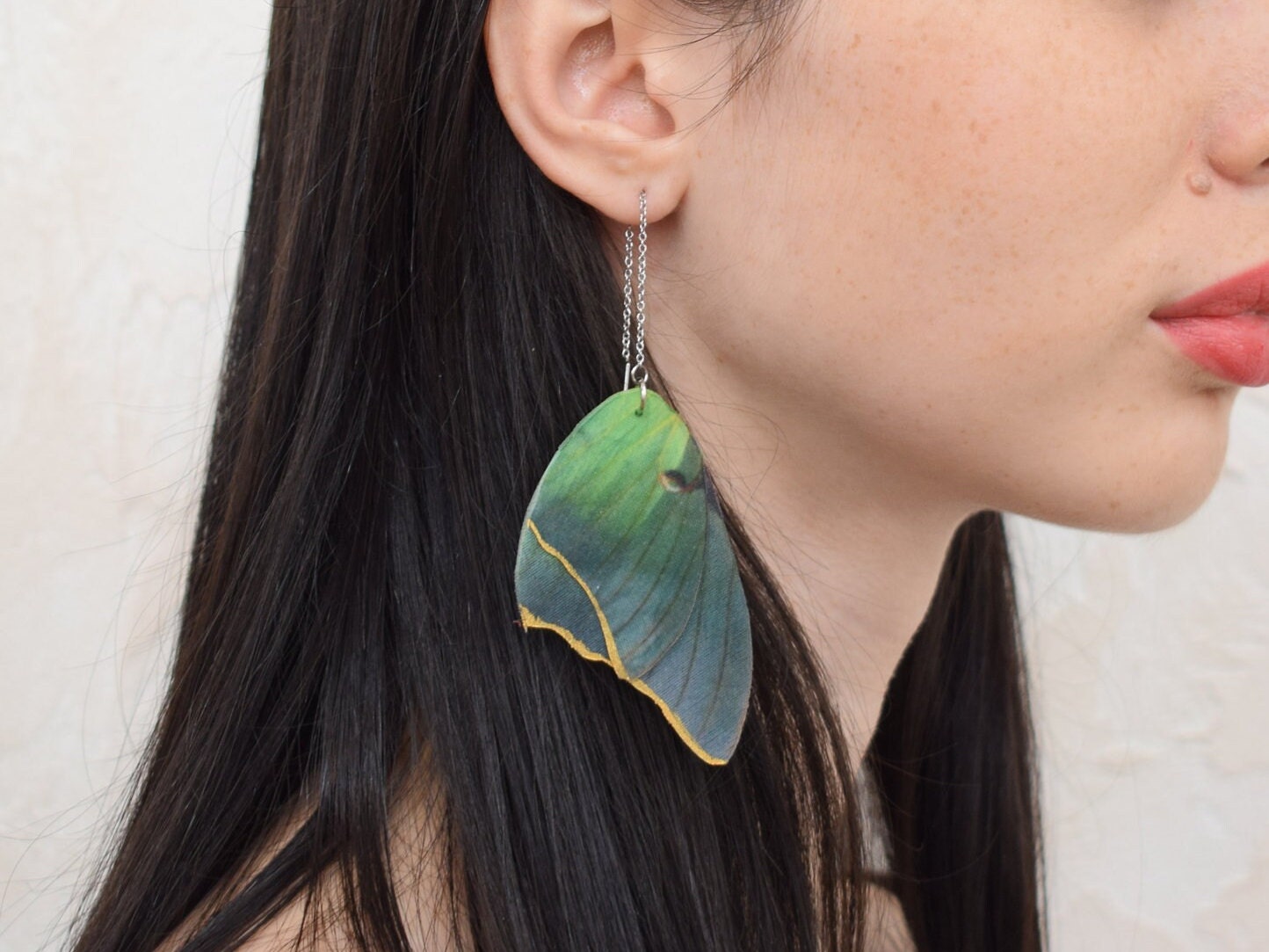 Luna moth wings drop long chain earrings