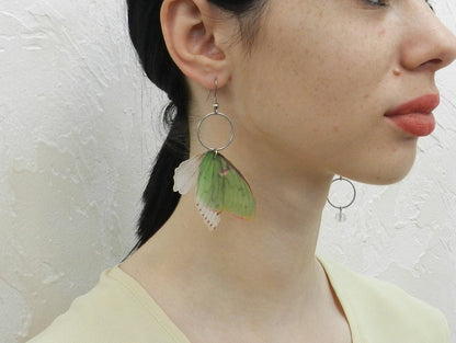 Luna moth mismatched drop long earrings