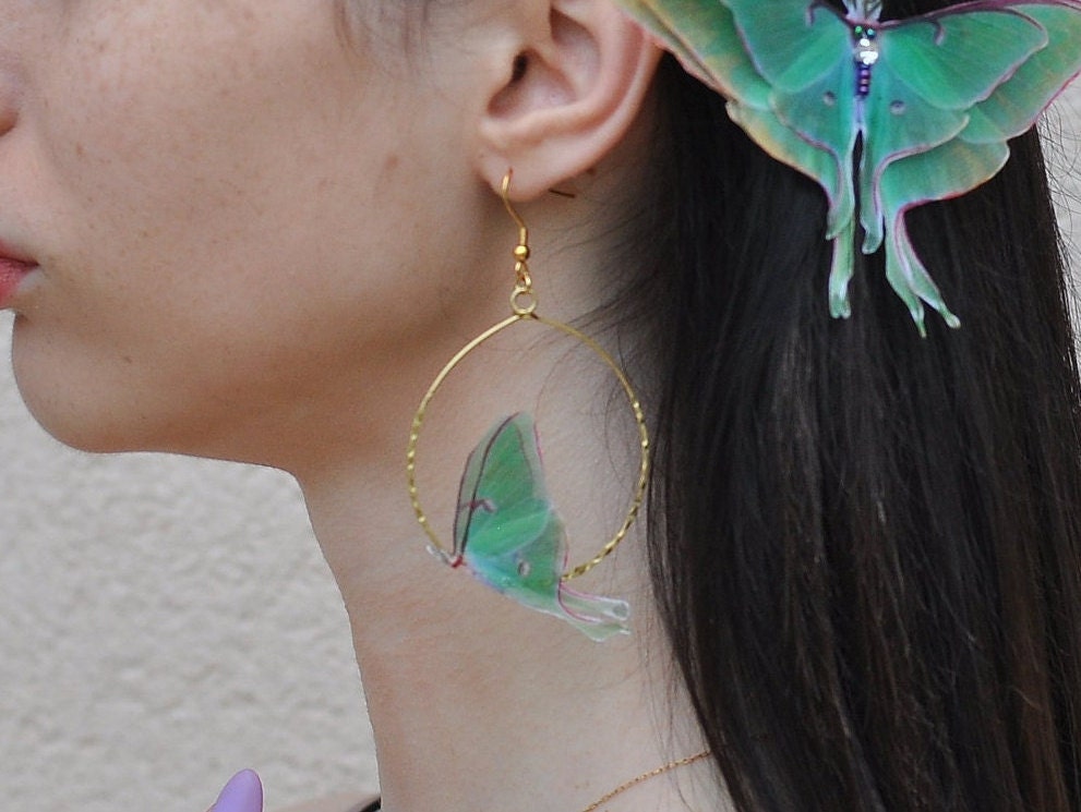 Luna moth butterflies hoop earrings and pendant necklace