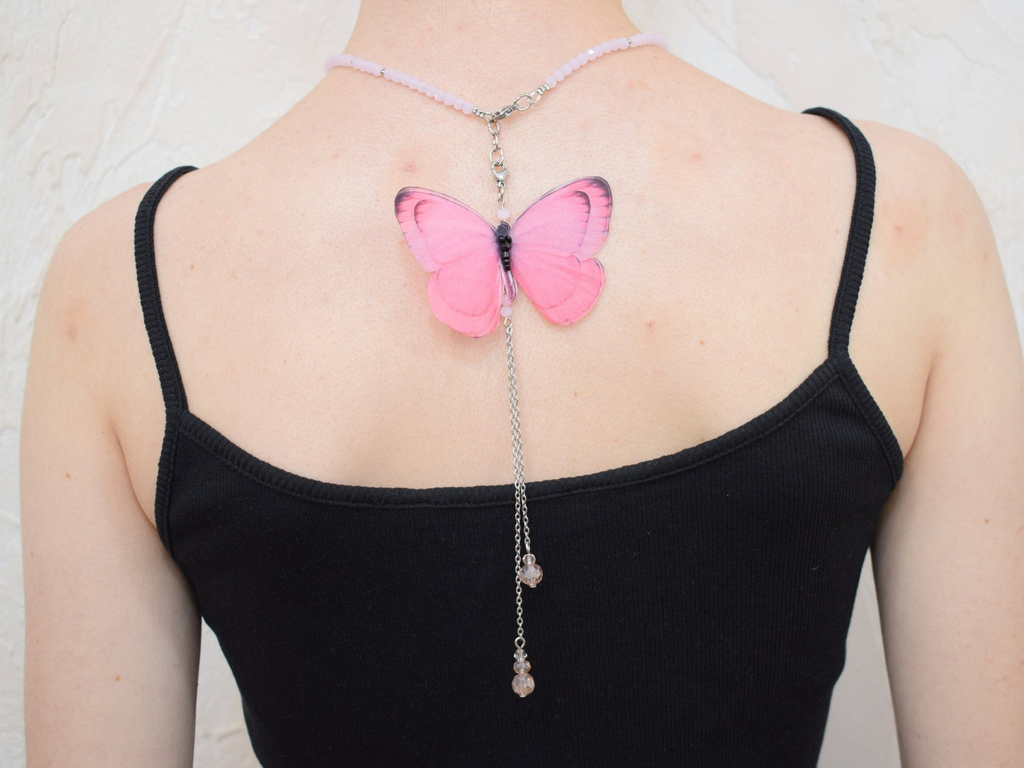 Silk backdrop necklace butterfly moving wings