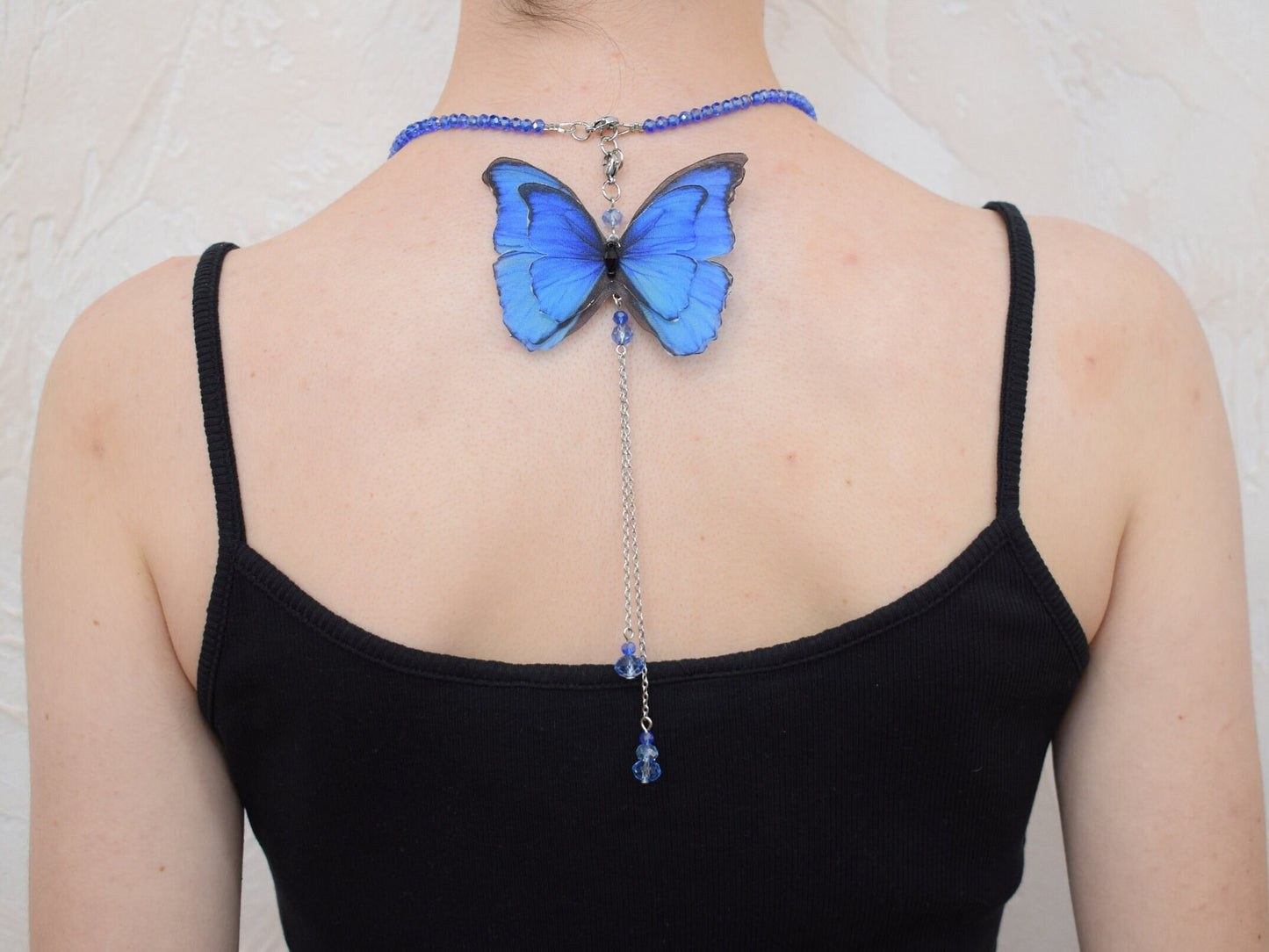 Silk backdrop necklace butterfly moving wings