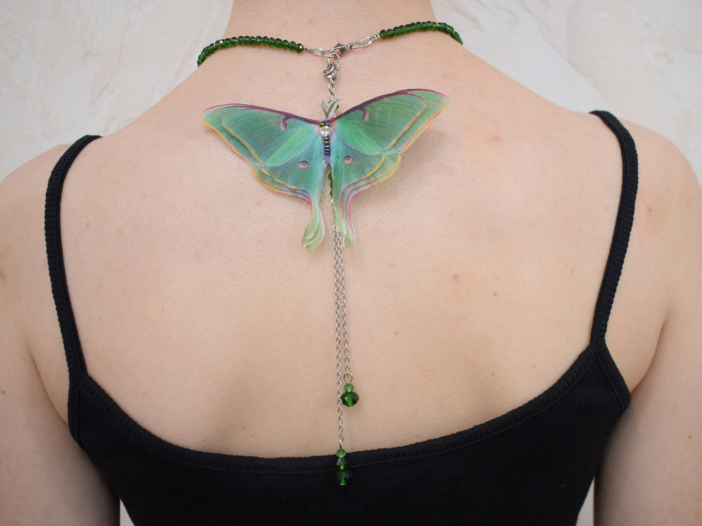 Luna moth moving butterfly wings backdrop necklace