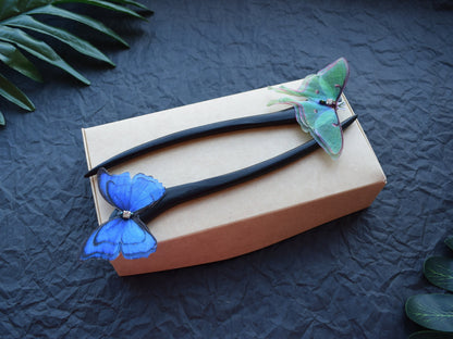 Wooden hair stick silk luna moth or morpho butterfly