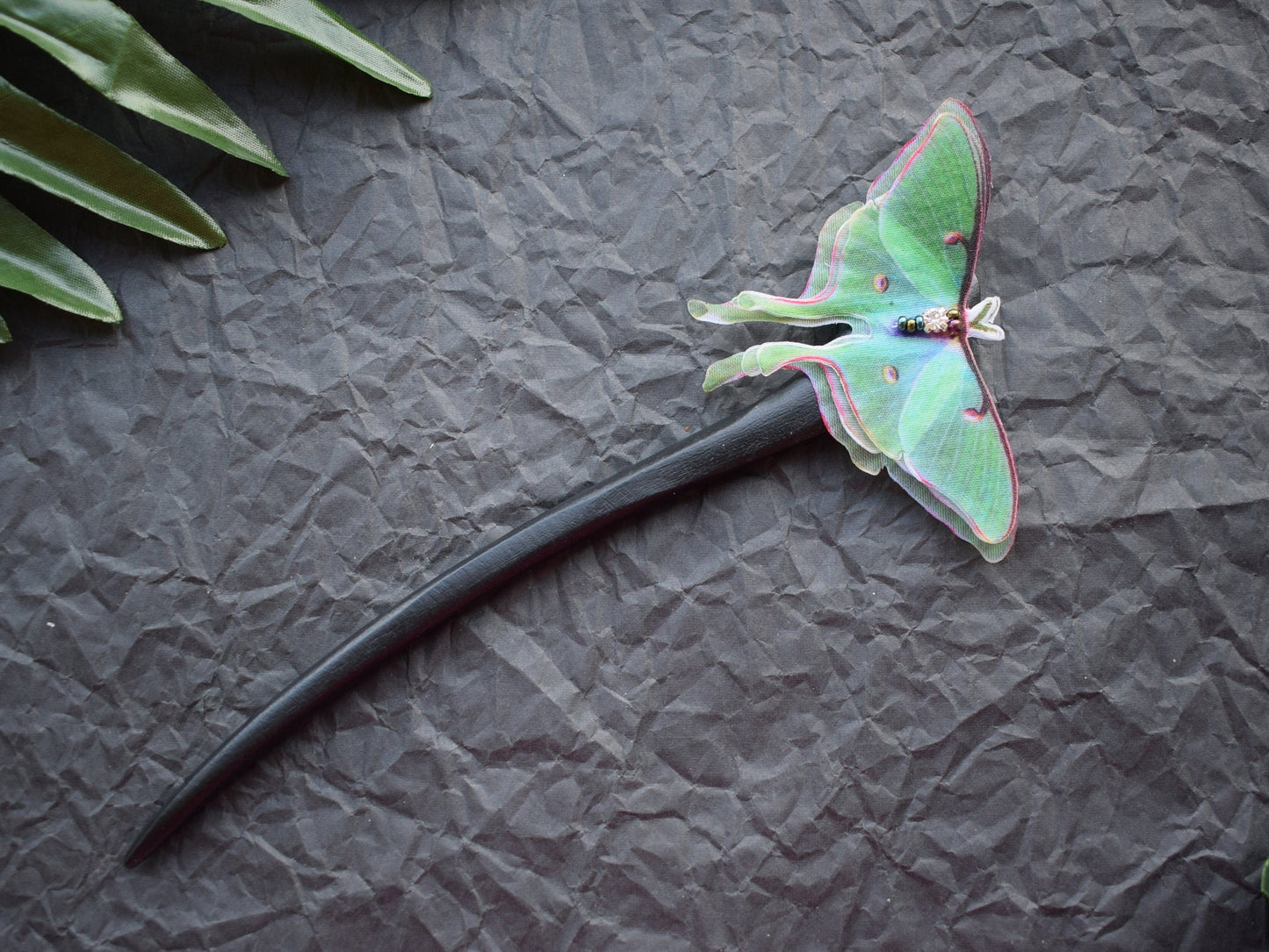 Wooden hair stick silk luna moth or morpho butterfly