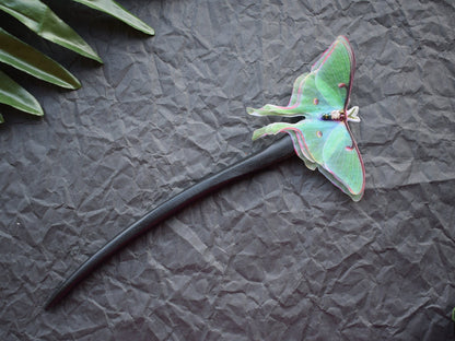 Wooden hair stick silk luna moth or morpho butterfly