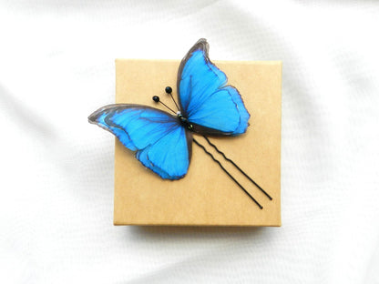 Morpho blue silk butterfly hair clips, pins or brooch