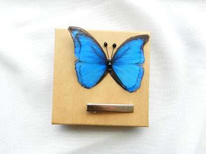 Morpho blue silk butterfly hair clips, pins or brooch