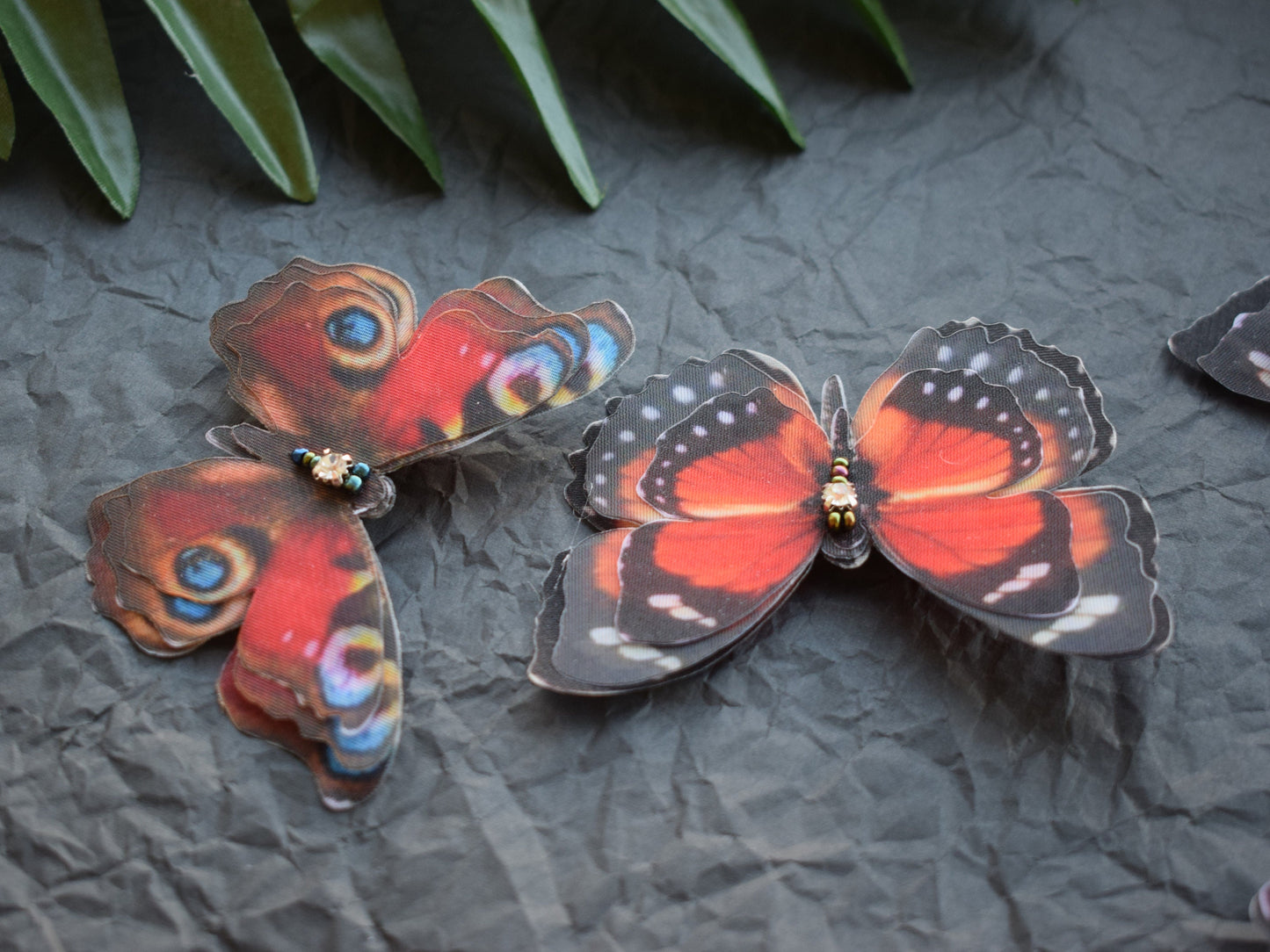 Peacock eye and Orange Forester silk butterflies hair clips