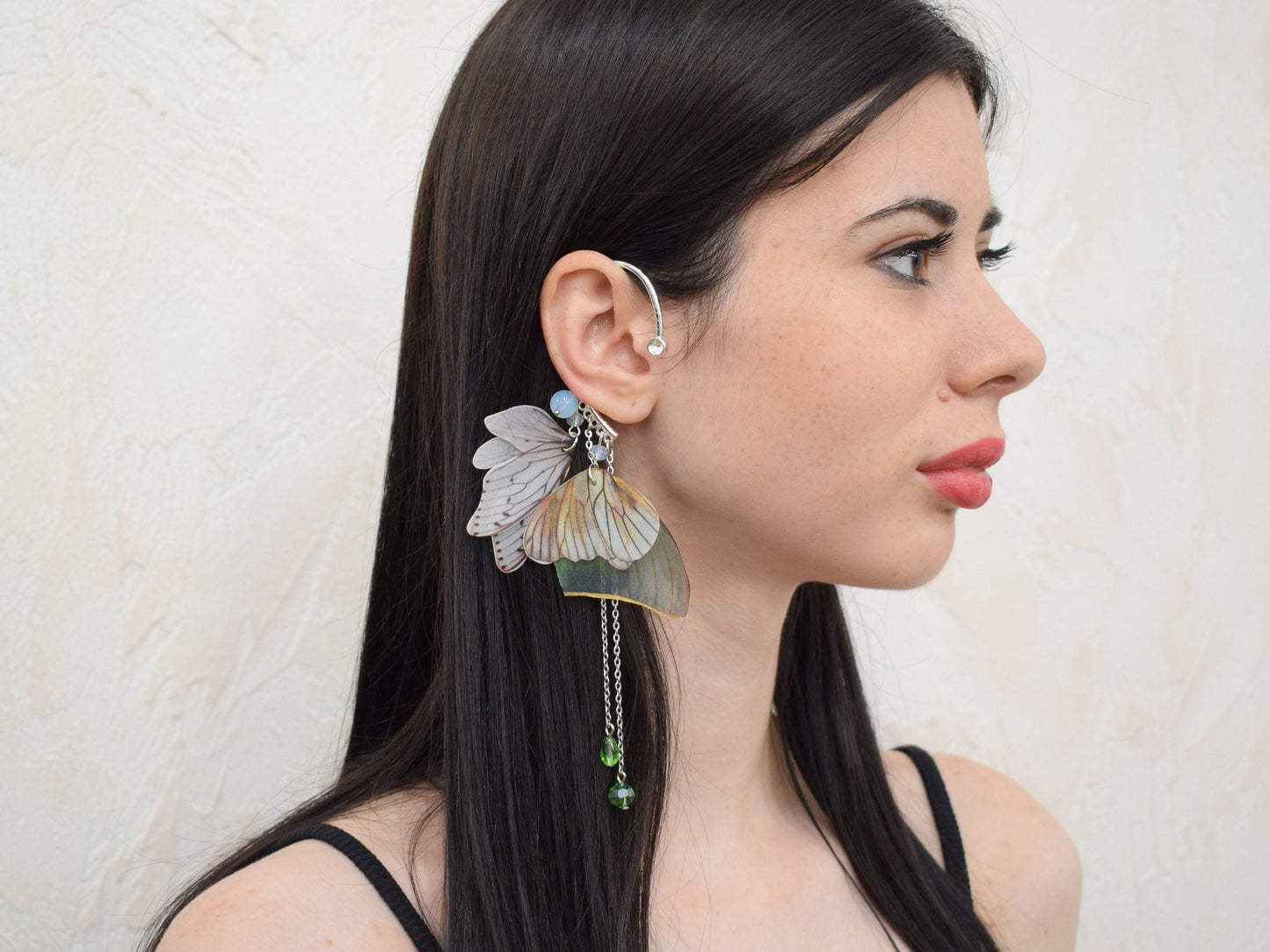 Silk Luna Moth Butterfly earrings ear cuff no piercing