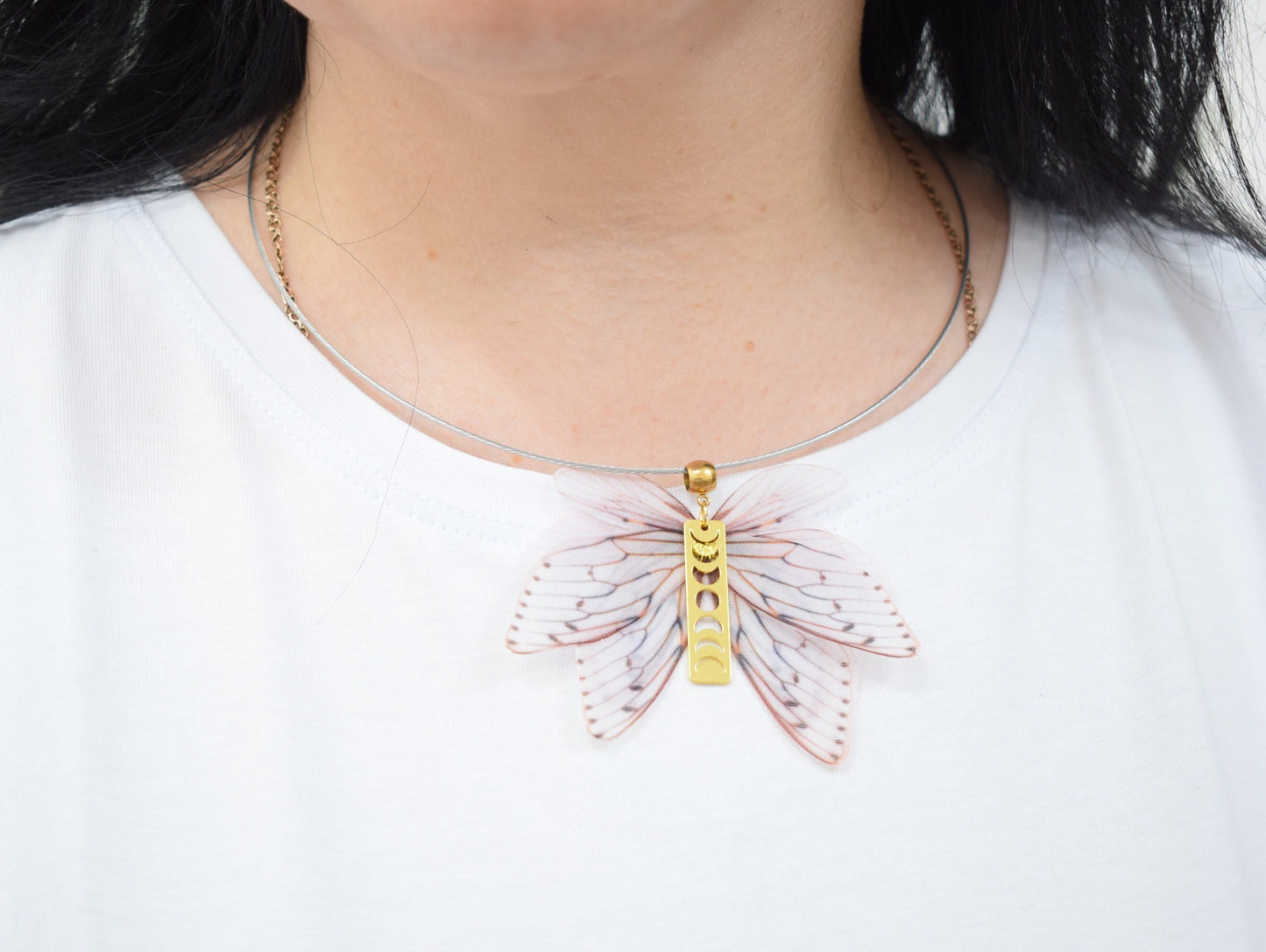 Silk cicada choker necklace with moon phases pendant