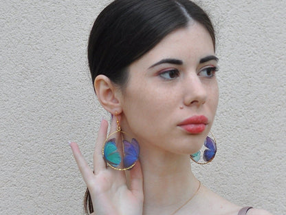 Silk blue butterflies hoop earrings