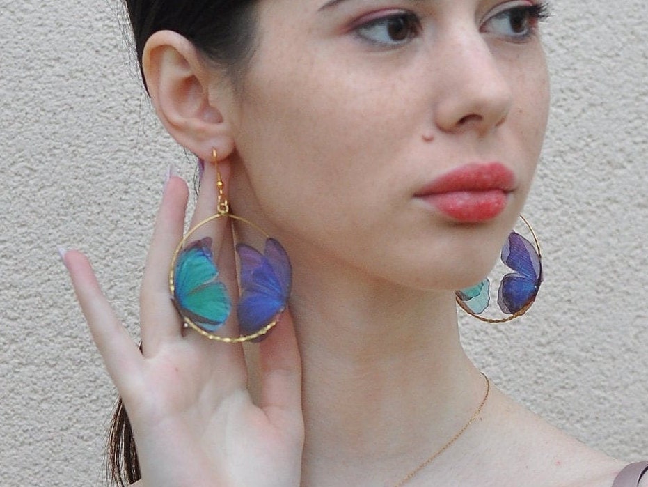 Silk bright green and gray butterflies hoop earrings