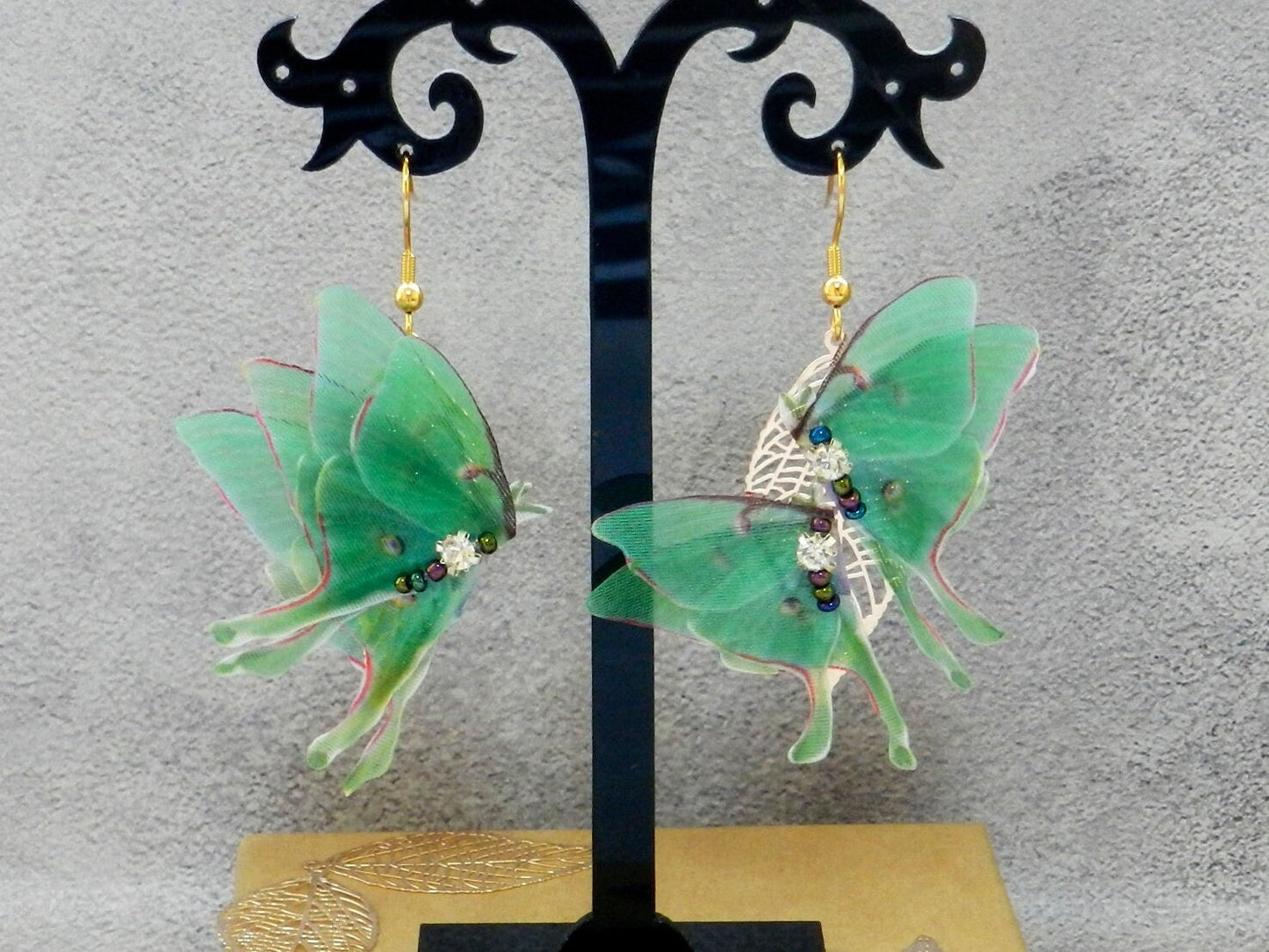 Luna moth butterfly mismatched drop earrings