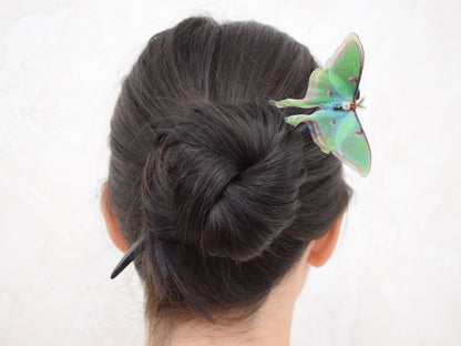 Wooden hair stick silk luna moth or morpho butterfly