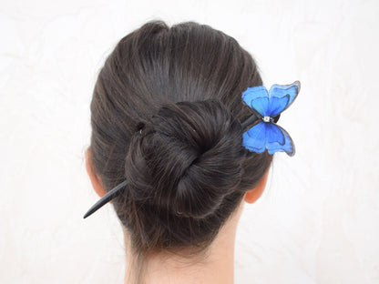 Wooden hair stick silk luna moth or morpho butterfly