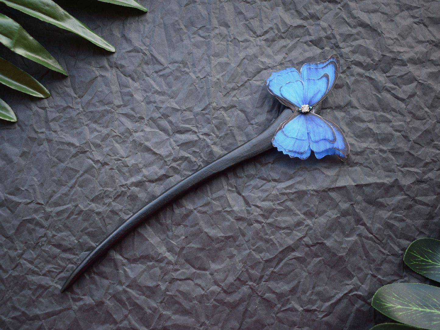 Wooden hair stick silk luna moth or morpho butterfly