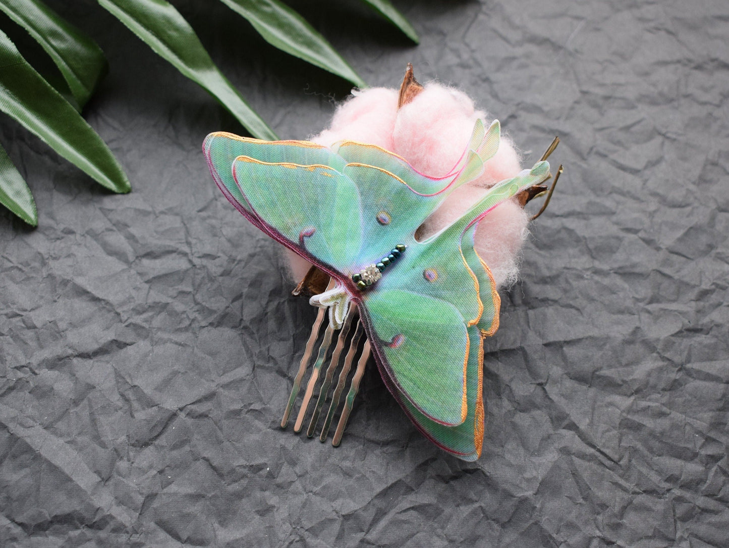 Silk luna moth hair comb